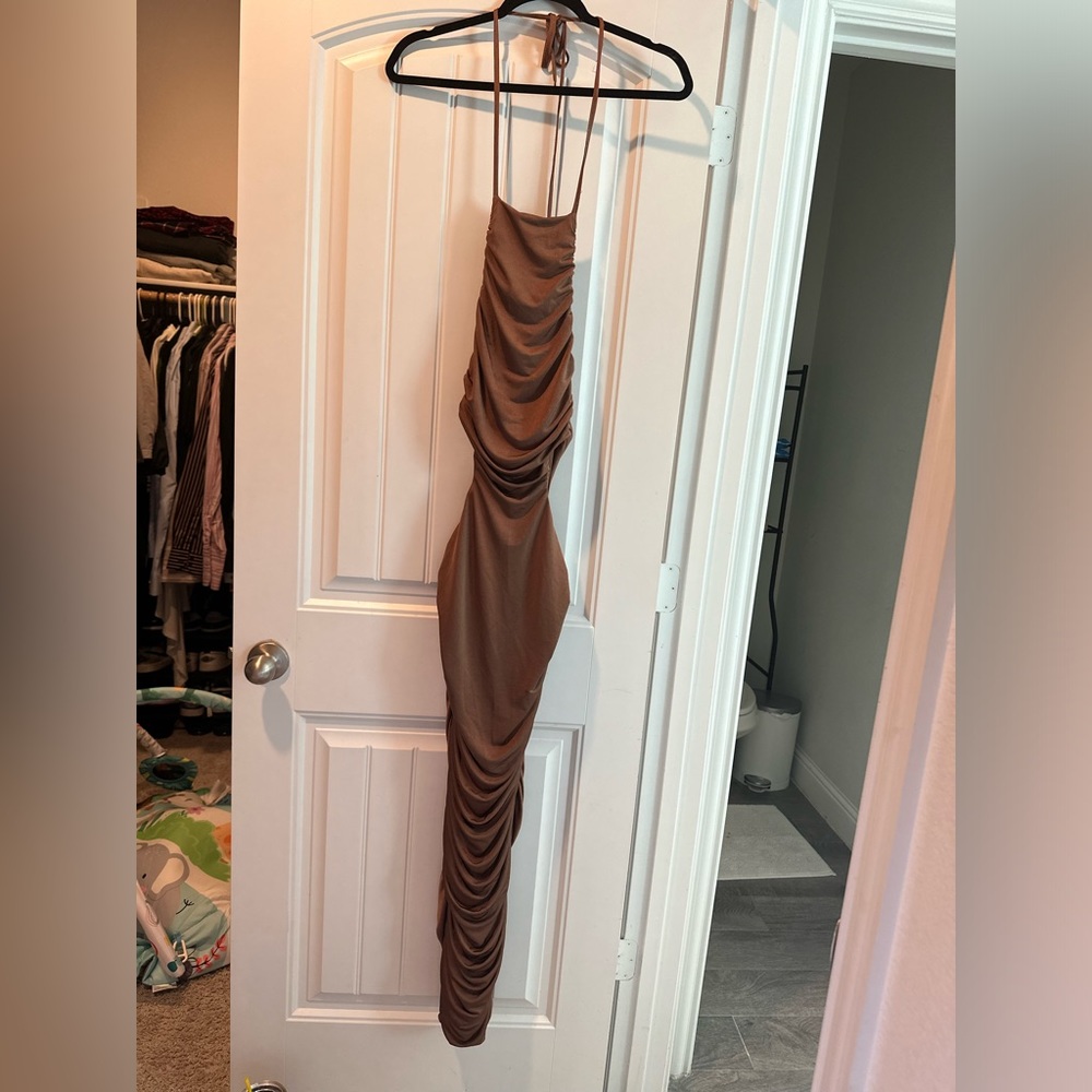 Brown Ruched/Slinky Maxi Dress